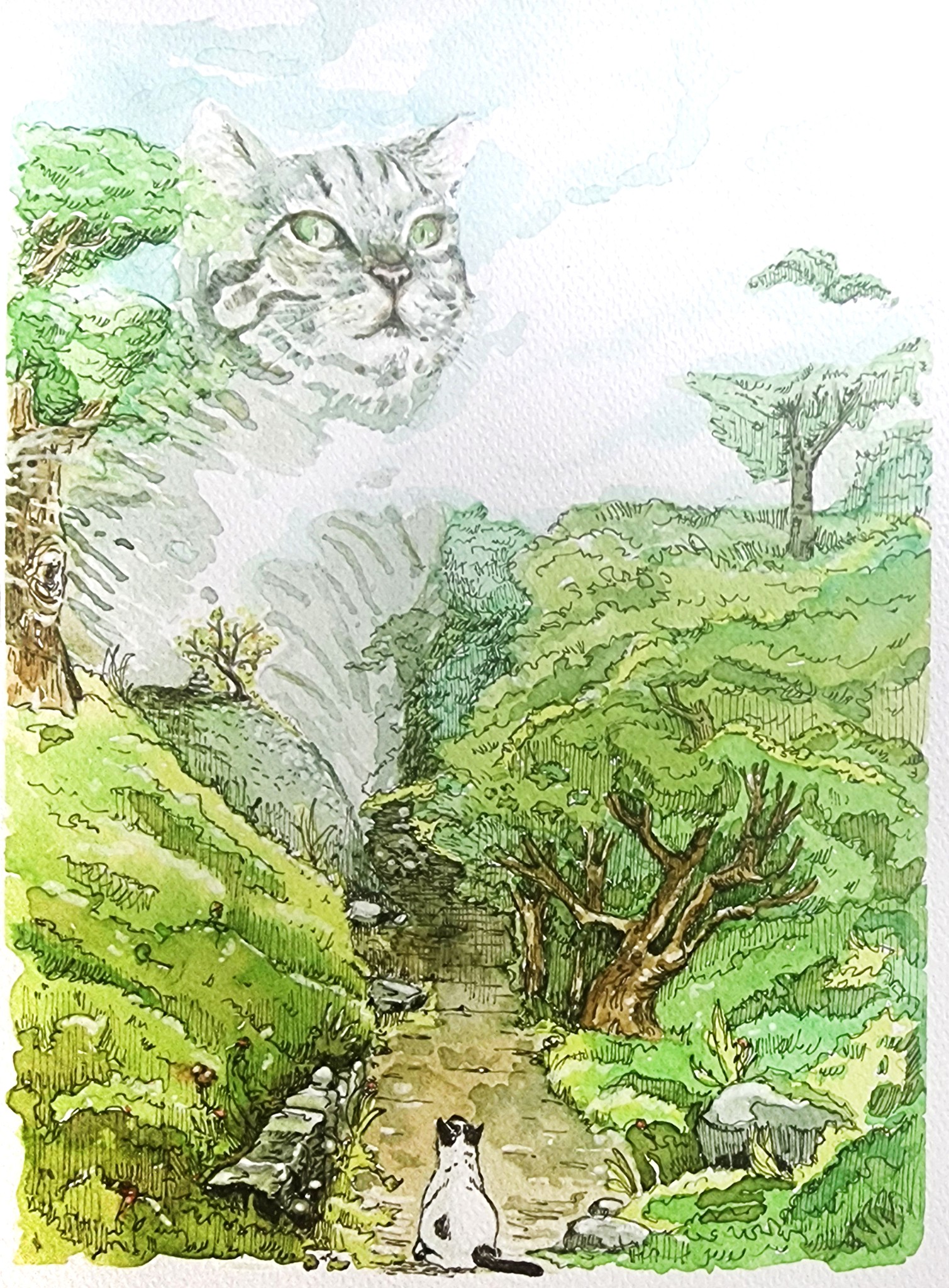 Cat in the sky illustration from Babak and Sangak by Afshin Mayabadi